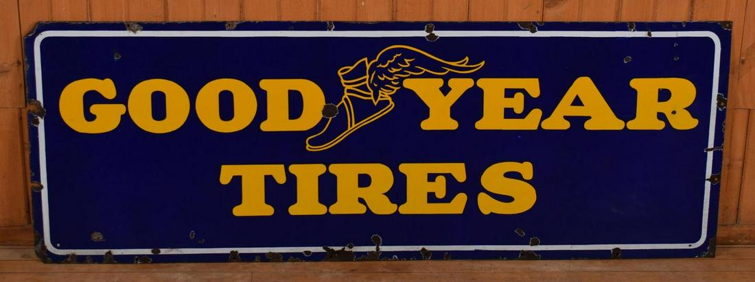 Good Year Tires w/ Winged Foot Porcelain Sign (TAC): rate 7.9, 24" x 66", Single Sided Porcelain Sign, Has color and gloss, shows some wear, TAC #046698