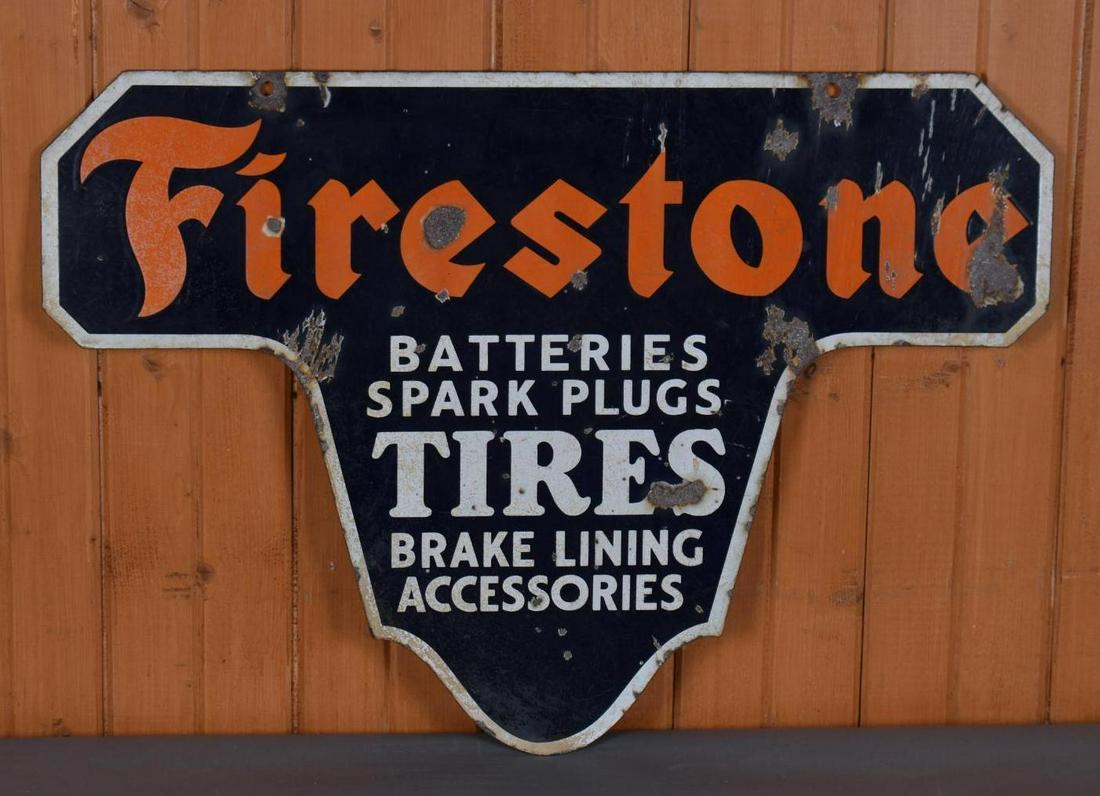 Firestone Tires Batteries-Spark Plugs-Brake Lining Accessories Porcelain Sign (1 of 3)