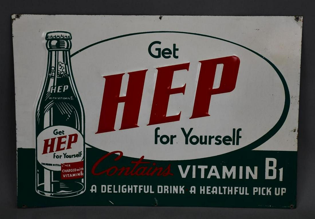 Get Hep for Yourself w/Bottle Logo Metal Sign (TAC): rated 8.5, 14"x20", SST embossed sign has good color and shine, has light wear in the field and around the perimeter, marked Stout. TAC #046504