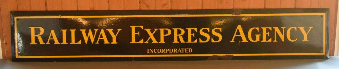 Railway Express Agency Porcelain Sign (TAC): rate 8.5, 12" x 72", Single Sided Porcelain Sign, has good color and gloss, shows some chips, TAC #046667