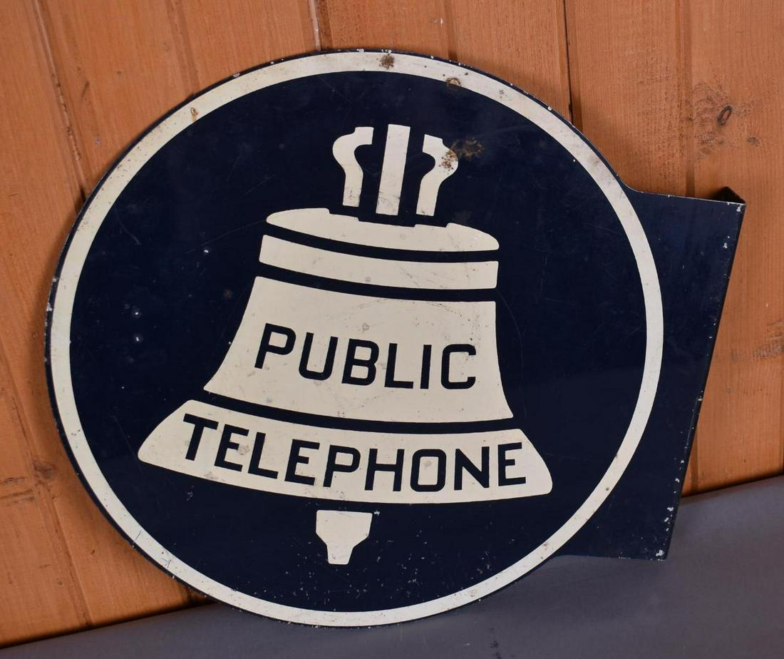Public Telephone Metal Flange Sign: 18.25" x 20", Double Sided Painted Metal Flange, Nice Patina