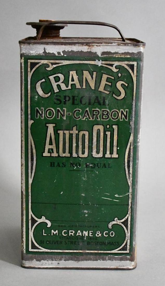 Crane's Non-Carbon Auto Oil One Gallon Square Metal Can: rated 8.5 & 7.75, the one gallon square metal can has excellent color and shine, display has light wear, reverse has more wear and minor paint loss, is emtpy
