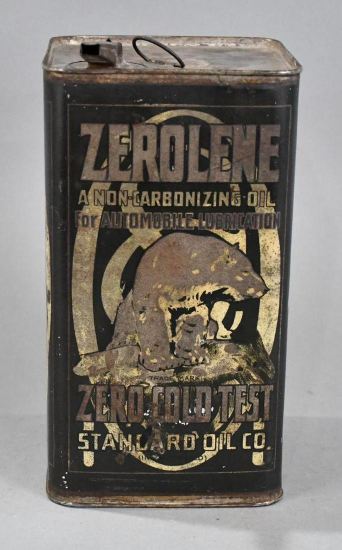 Standard Oil Zerolene Automobile Oil One Gallon Square Metal Can: rated 7, the one gallon square metal can has wear and soiling, is empty, has spout lid.