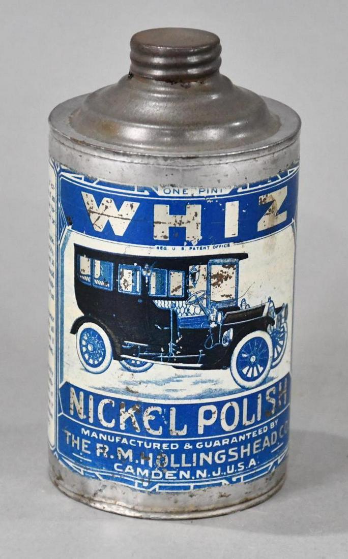 Whiz Nickel Polish w/Limousine One Pint Round Cone Top Metal Can: rated 7.75, the one pint round cone top metal can has good color and shine, has light wear and small dent in the display field, is empty, has lid.