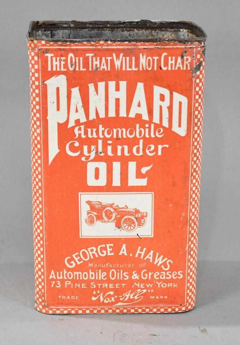 Panhard Automobile Cylinder Oil w/Image One Gallon Rectangle Metal Can: rated 6.75, the one gallon rectangle metal can has good color, has light wear and fine scratches, has had it's top cut off.