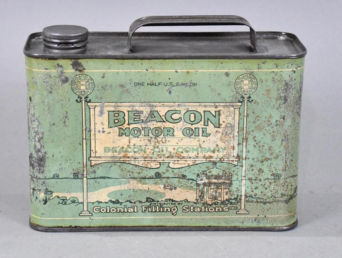Beacon Motor Oil w/Image Half Gallon Flat Metal Can: rated 6, the half gallon flat metal can has heavy wear and soiling, is empty, has lid