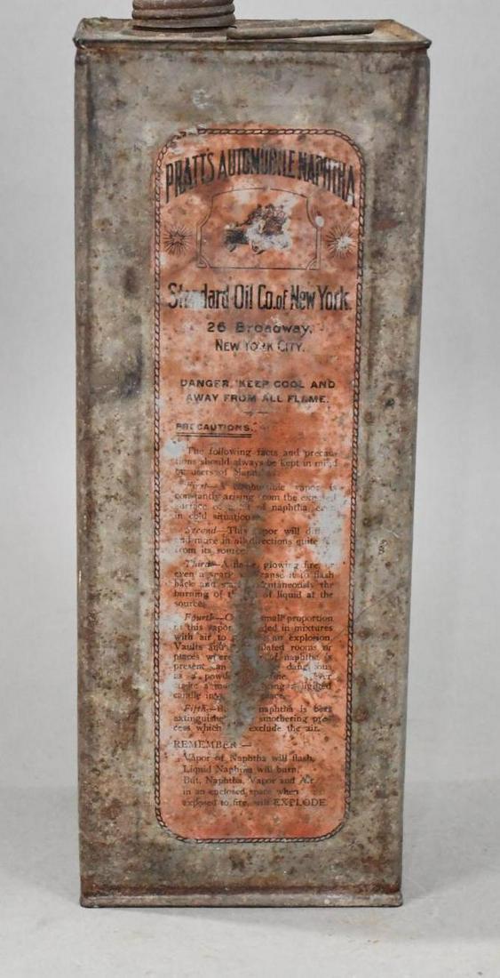 Standard Oil of NY Pratts Automobile Naphtha One Gallon Square Metal Can: rated 5.5, the one gallon square metal can has heavy wear and soiling, is empty, has lid.