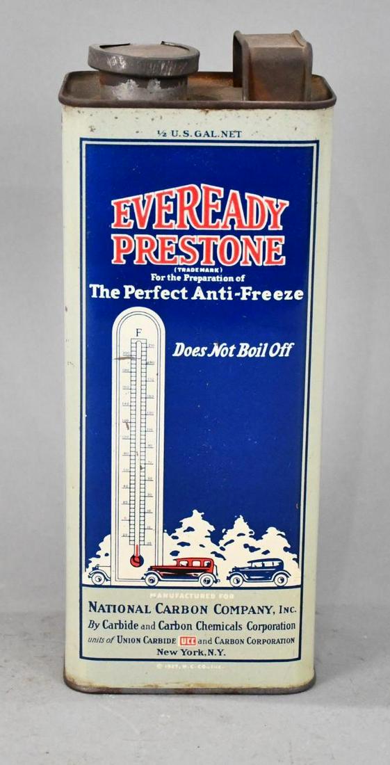 Eveready Prestone Anti-Freeze Half-Gallon Metal Can: rated 9, the half-gallon metal can has excellent color and shine, display is nice, reverse has a dent, is empty, has lid.