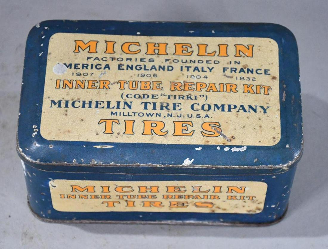 Michelin Tires Inner Tube Repair Kit Metal Box Complete: rated 8, 3"x6"x4", the metal box has good color and shine, has light wear and tiny paint chips, has three cans and more on the inside.