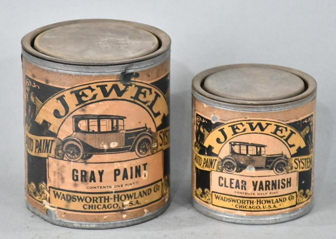 Jewel Varnish & Paint Metal Cans w/Paper Labels: rated 6.75, Pint and half pint cans both have wear and soiling, both are full.