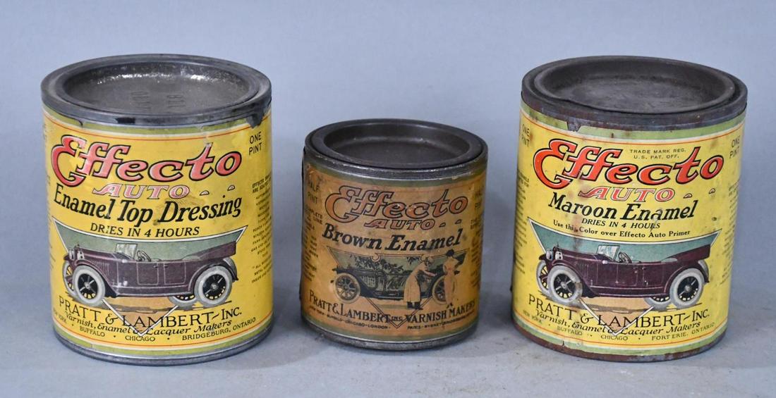 3-Effecto Auto Enamel Round Metal Cans w/Paper Labels: rated 6 to 8, both one pint cans have good color, with light soiling, the half pint can is stained heavily.