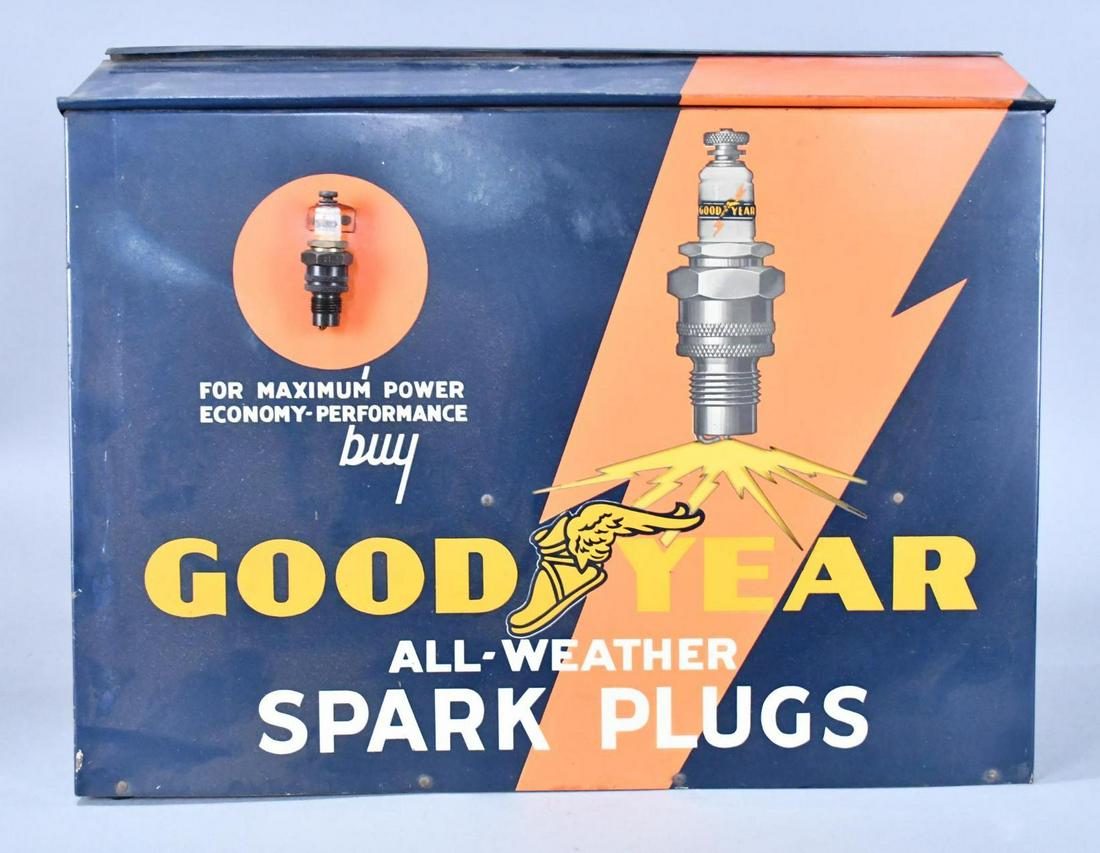 Rare Goodyear All-Weather Spark Plugs Counter-Top Point of Sale Metal Display: rated 9, 17"x22"x7", the metal display has good color and shine, has minor wear, has it's back access door, does have a pierce diecut area under the spark plug the has yellow plexiglass that should li