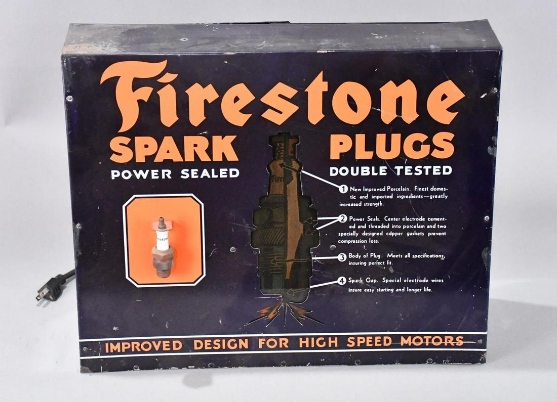 Firestone Spark Plugs Counter-Top Point of Sale Metal Display Cabinet (TAC): rated 8.5, 15.5"x19.5"x6.5", the metal display has very good color and shine, has light wear and a few fine scratches, the center is pierce diecut in the shape of a spark plug, has the original plasti