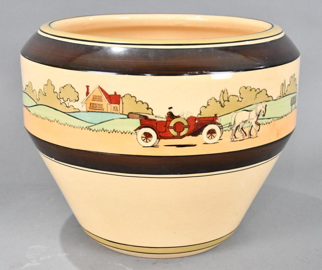 Roseville Pottery "Tourist" w/Red Car being pulled by horses Jardiniere (1 of 7)