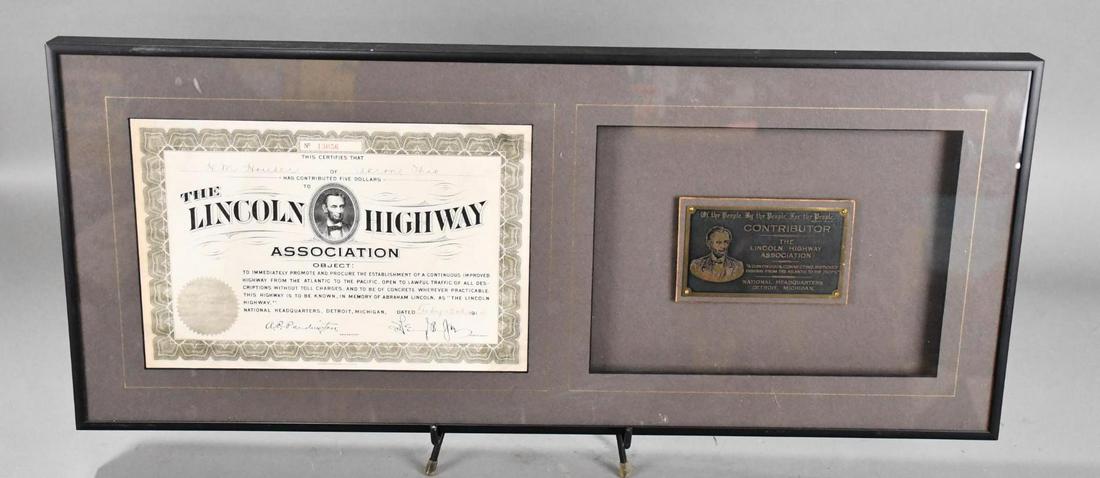 1914 Lincoln Highway Association Certificate & Plaque Framed (1 of 4)