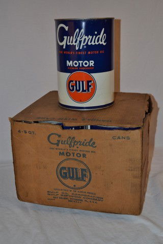 4-Gulfpride motor oil five quart metal cans in ori: 4-Gulfpride motor oil five quart metal cans in original box, rated 8,