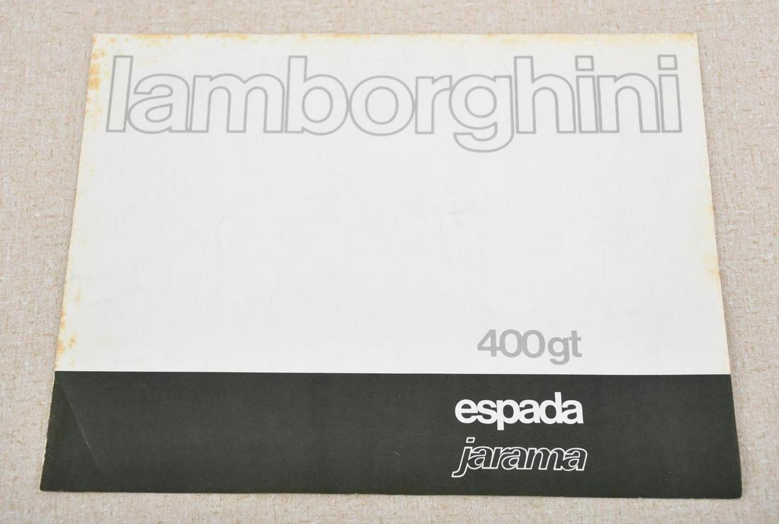 Lamborghini 400 GT Espada Jarama Sales Brochure: rated 8, 8.5"x11", is a tri-fold paper brochure is black & white, when folded out has cars at each end with specs in the center, has light wear and minor foxing at folds and edge. Has Gran