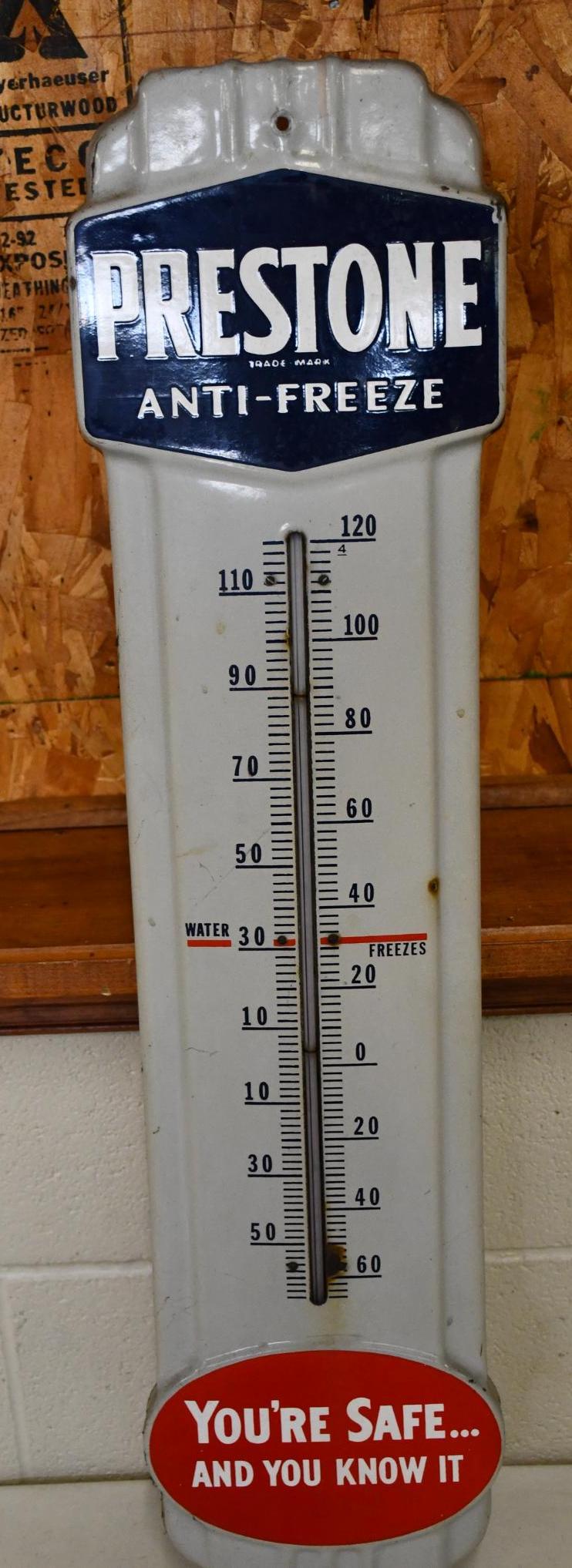 Prestone Anti-Freeze "You're Safe and You Know It" Porcelain Thermometer (TAC): rated 8.25, 36"x9", porcelain thermometer has good color and gloss, tube is good, chip at base of the tube, chips around the perimeter. TAC #041479