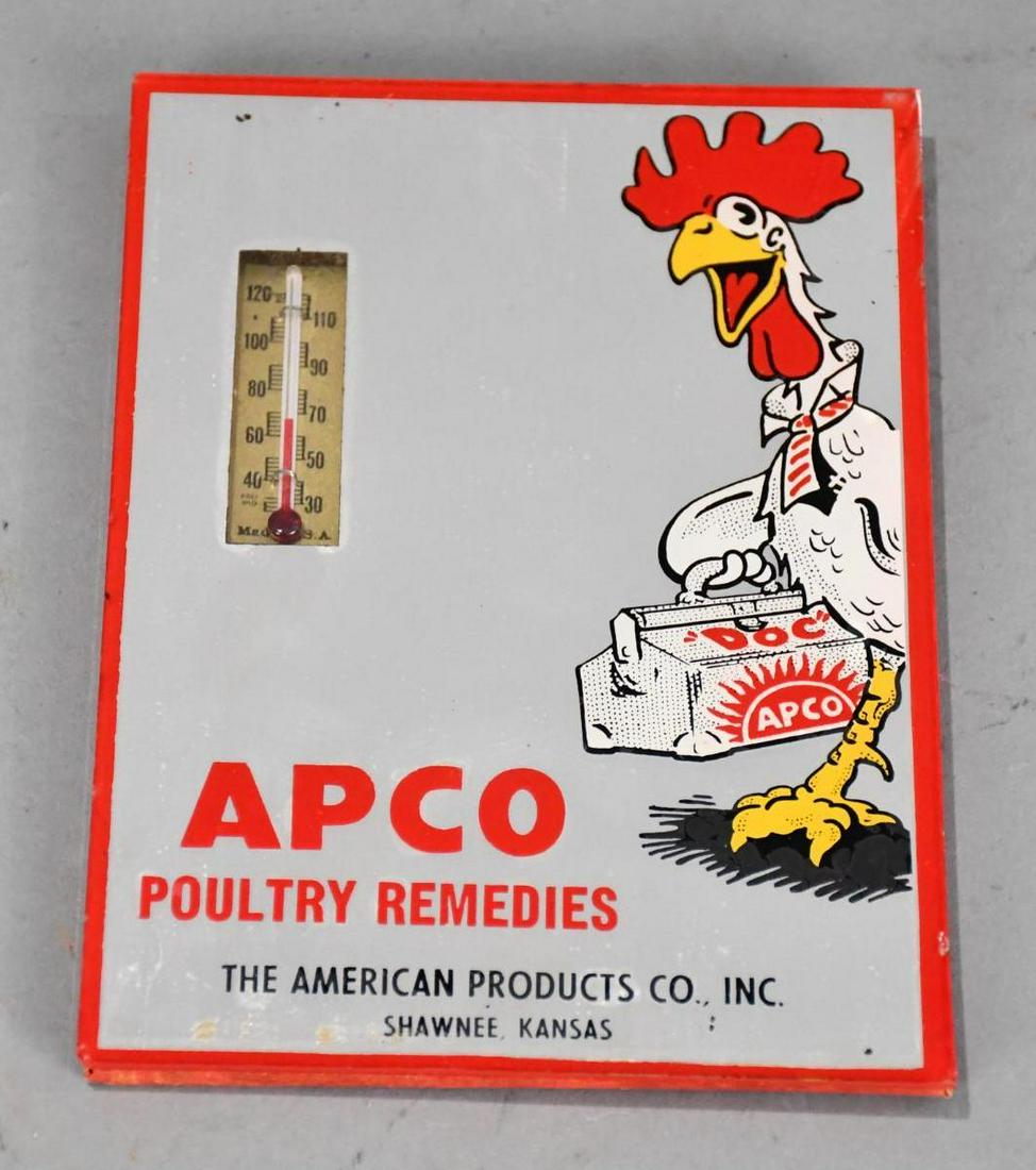 Apco Poultry Remedies Graphical Advertisement: Reverse Painted Glass mirror backed by cardboard with thermometer, nice shape, cool piece