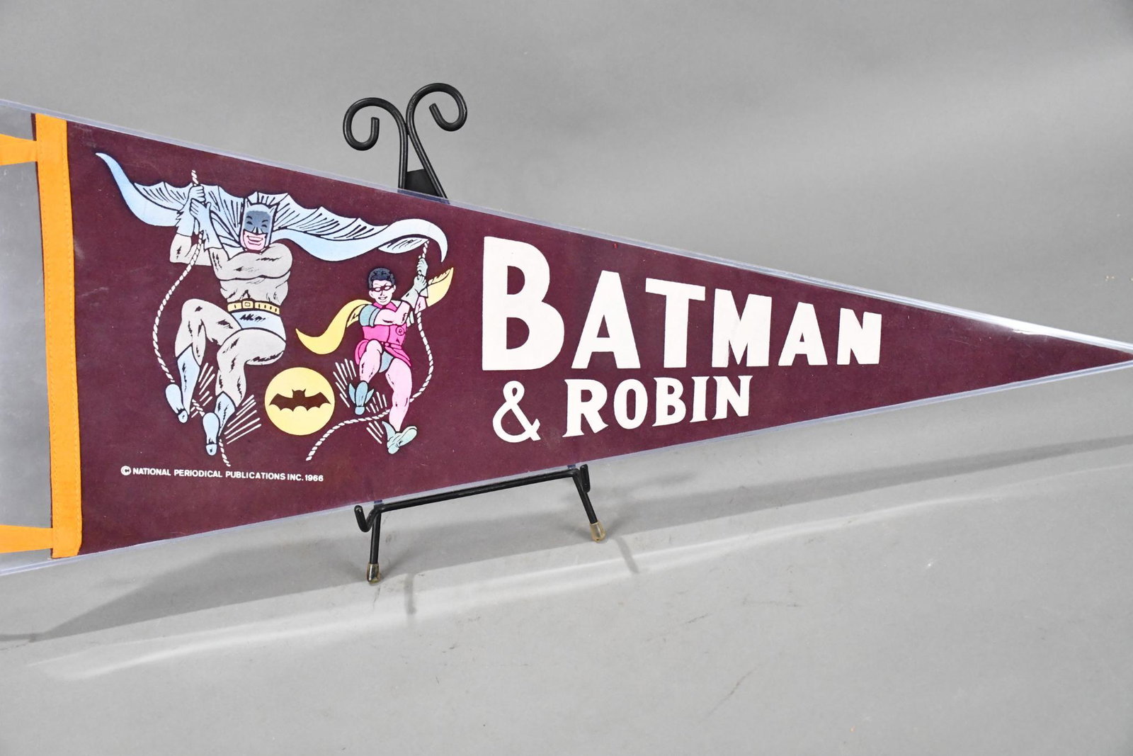 Batman & Robin w/Image Felt Pennant 1966: rated 9.5, 12"x30", the single-sided felt pennant is in excellent condition, marked National Periodical Publication Inc. 1966