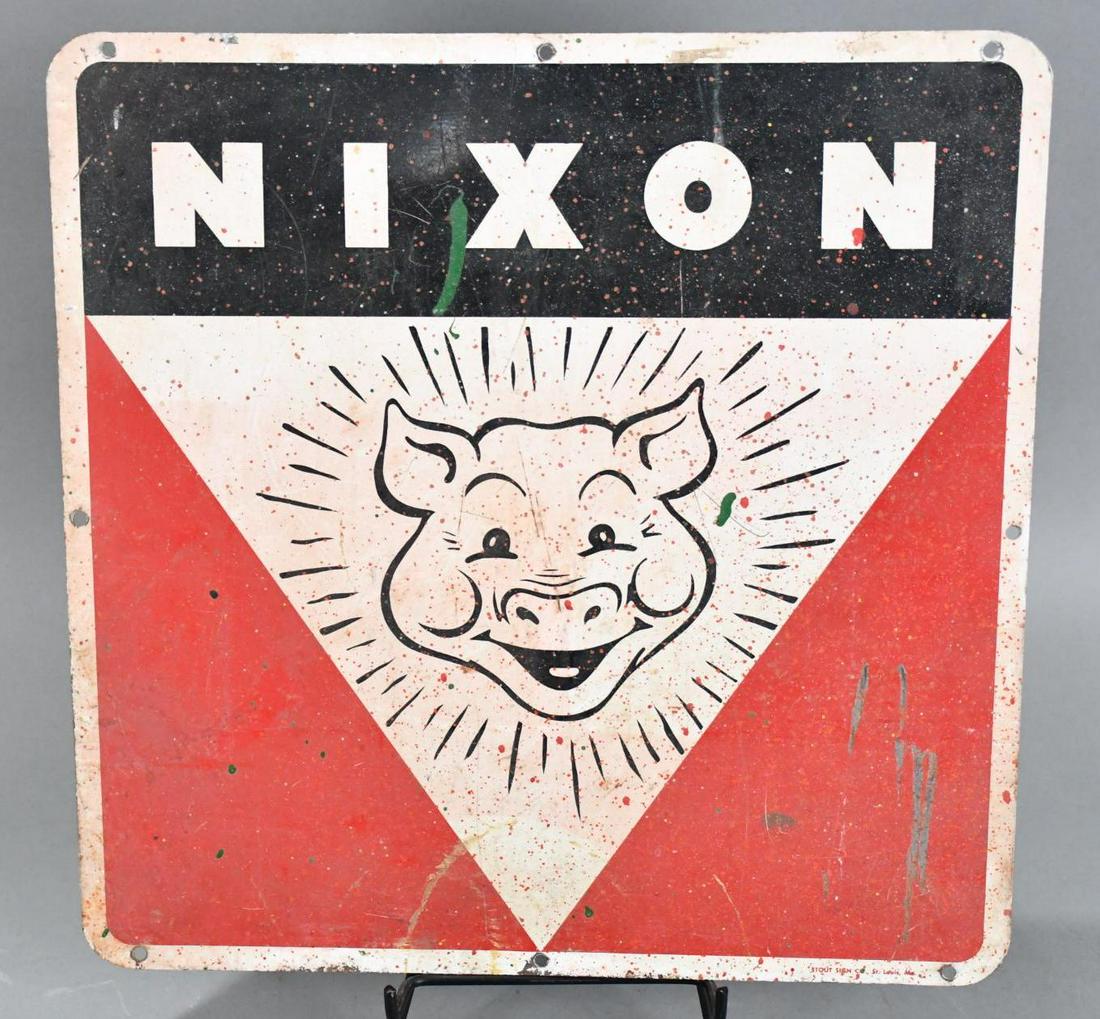 Nixon (hog feed) w/Image Metal Sign: rated 6.75, 18"x18", SST sign has soiling and over paint spray, marked Stout.