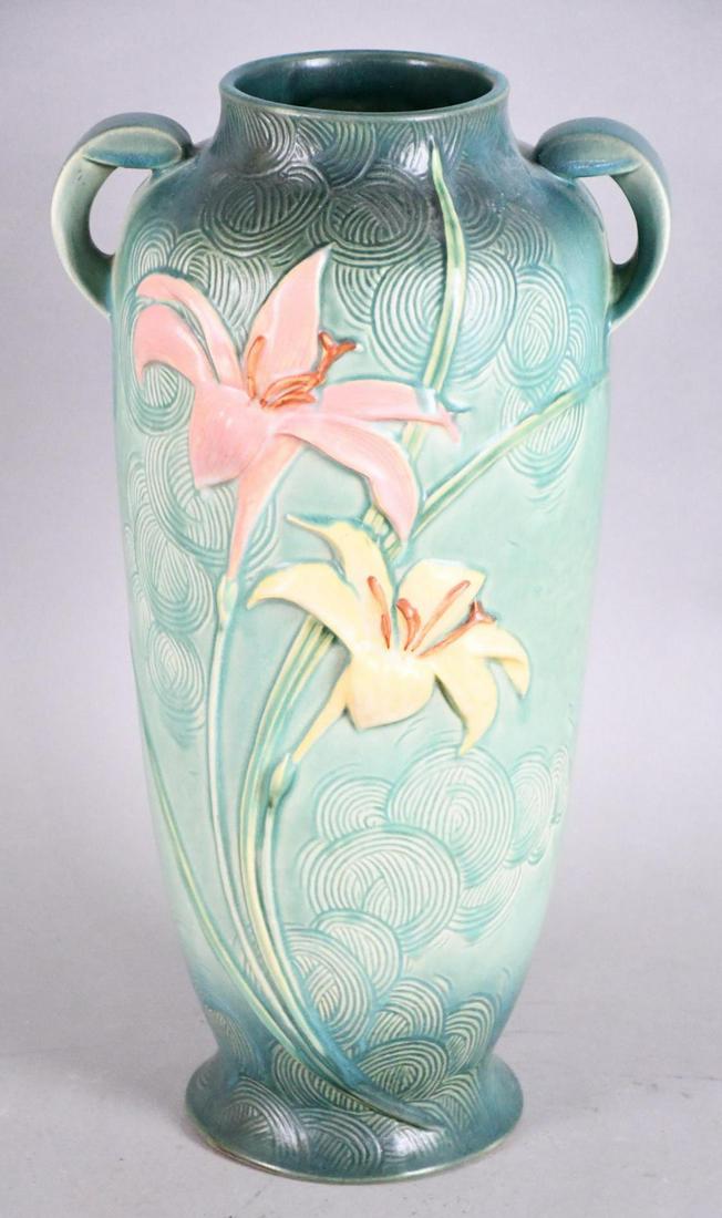 Roseville Zephry Lilly Floor Vase 142-16: rated 9.75, 16"T., the vase has excellent color, has no chips, cracks or repairs.