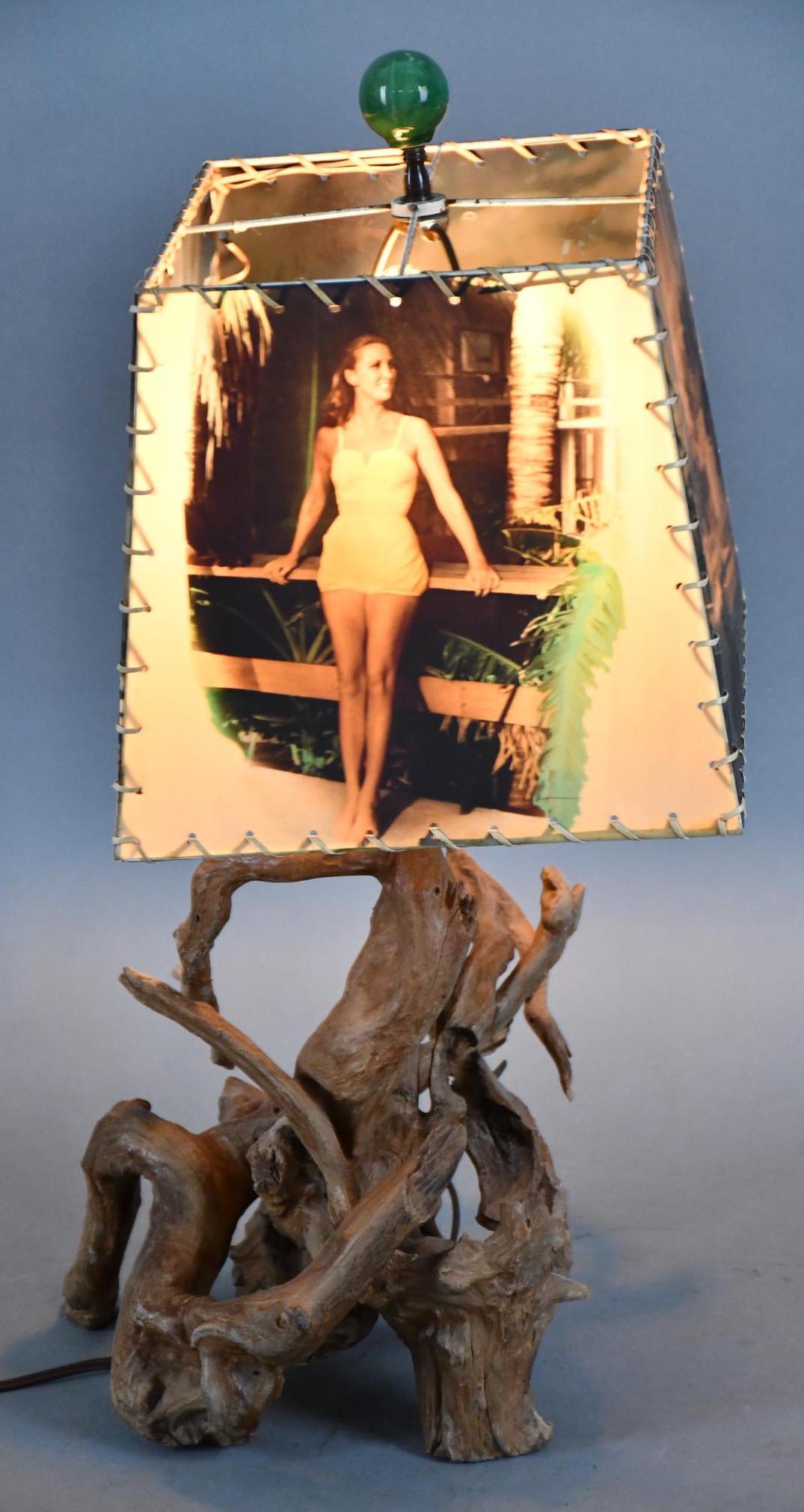 Mid-Century Driftwood Table Lamp w/Tropical Scene w/Lady In One-Piece Swinsuit (1 of 6)