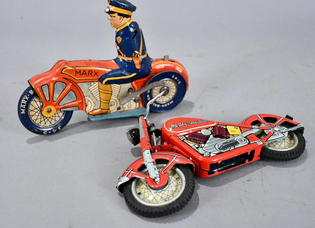 Marx & Japanese Tin-Litho Motorcycles,: rated 5 to 6, 8.5"L., both are missing parts.