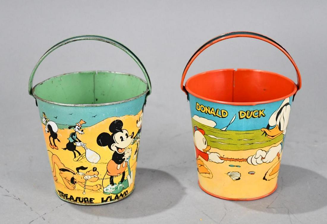 Mickey Mouse "Treasure Island" & Donald Duck Metal Sand Buckets by Ohio Art (1 of 4)