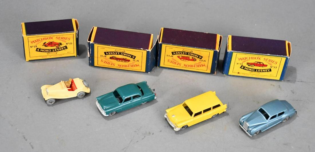 4-Matchbox Cars NIB: rated 9.5, 2.25"L., all diecast cars are in good condition, we have#19, #33, #44, #31 has a flap damage.