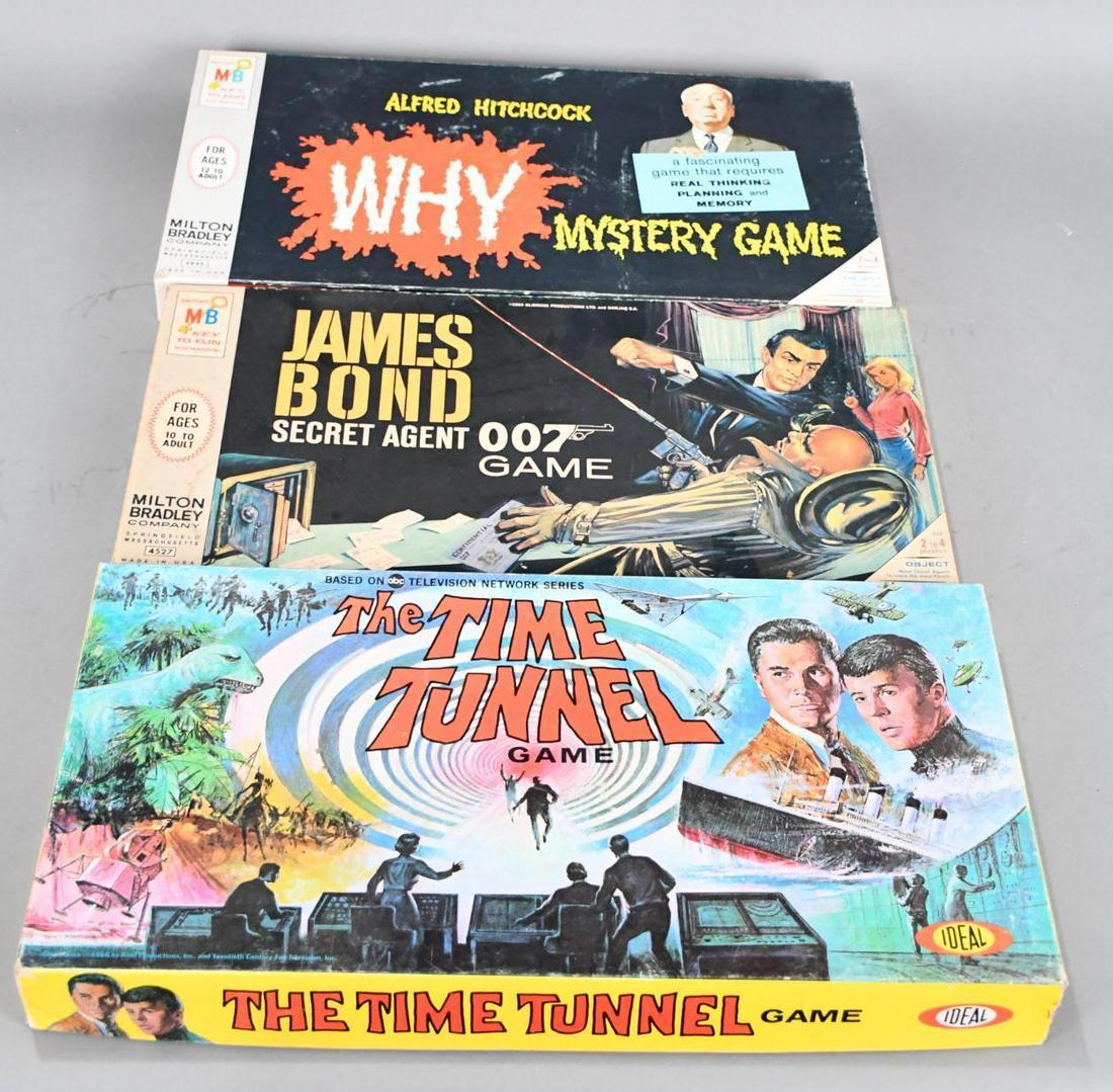3-Board Games James Bond, The Time Tunnel & Alfred Hitchcock: rated 8 to 7, all have been played with, all have some wear.