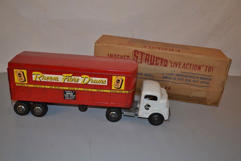 Rare 1950's Structo Rheem Fiber Drums, truck & trai: Rare 1950's Structo Rheem Fiber Drums, truck & trailer with 12 fiber drums, rated 9,