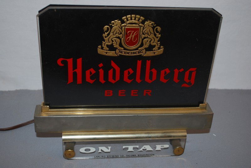 Heidelberg Beer "On Tap", rated 9, reverse painted: Heidelberg Beer "On Tap", rated 9, reverse painted glass lighted display, 9x10x6 inches,