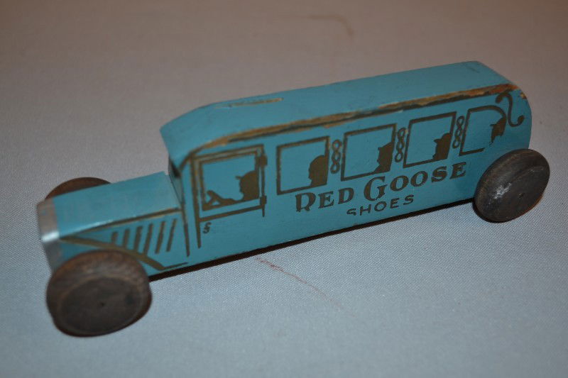 Red Goose Shoes advertising bus, rated 8, wooden,: Red Goose Shoes advertising bus, rated 8, wooden, 6.5 inches long,