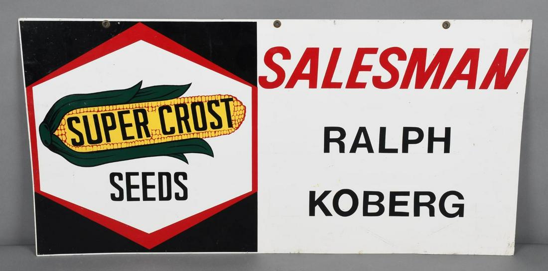 Super Crost Seeds Salesman w/Logo Metal Sign: rated 8.75, 18"x36", DST sign has good color and shine, has light wear and a few fine scratches.
