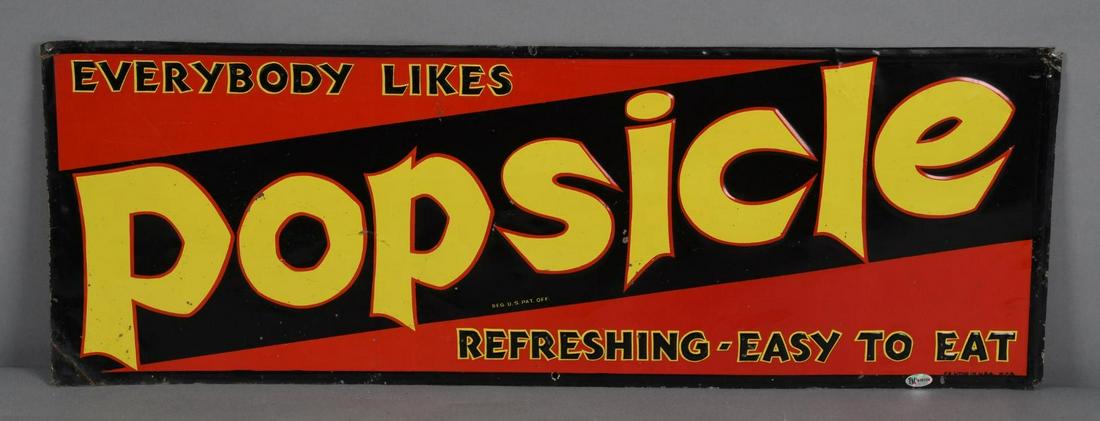 Popsicle "Everybody Likes Refreshing-Easy to Eat" Metal Sign (TAC): rated 7.75, 10"x27.75', SST embossed sign has good color and shine, has wear, damage around the perimeter, marked PB Litho, TAC #010124