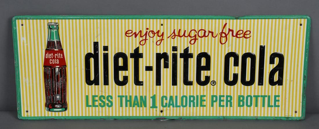 Diet-Rite Cola "enjoy sugar free" Metal Sign: rated 7, 12"x32", SST embossed sign has good color and shine, has wear and fine scratches, marked MCA