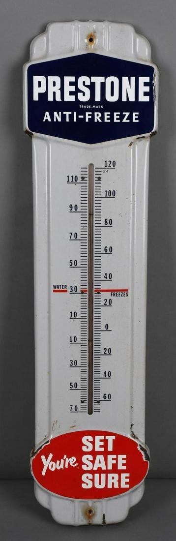 Prestone Anti-Freeze "You're Safe and You Know It" Porcelain Thermometer: rated 8.25, 36"x9", porcelain thermometer has good color and gloss, has chips around the perimeter, tube is good.
