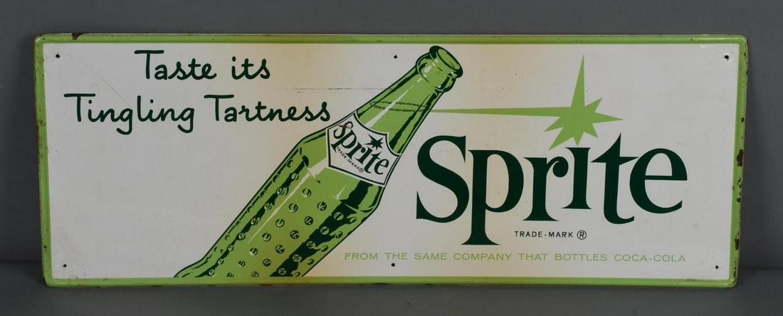 Sprite "Taste its Tingling Tartness" w/Bottle Metal Sign: rated 8.5, 12"x32", SST self-framed sign has good color and shine, has light wear, soiling in the center of the field, marked MCA