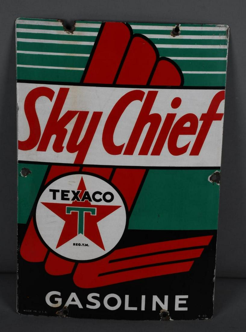 Texaco (white-T) Sky Chief Gasoline Porcelain Sign (1 of 3)