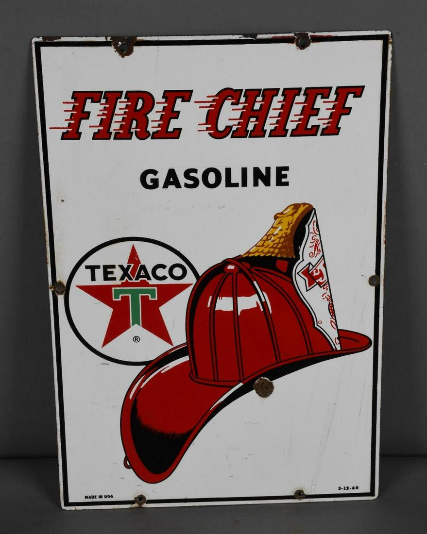 Texaco (white-T) Fire Chief Gasoline Porcelain Pump Sign (1 of 3)