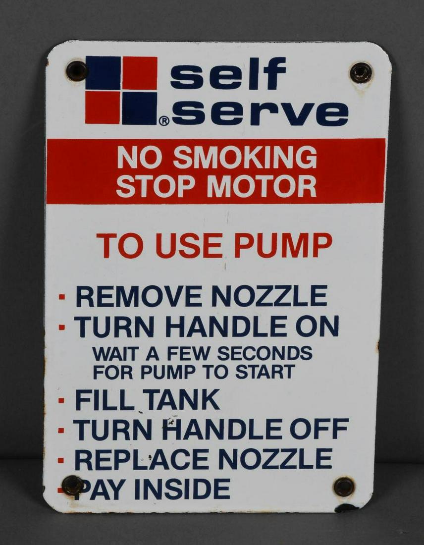 Self Serve No Smoking Stop Motor Porcelain Sign: rated 9, 8.5"x4.5", SSP sign has good color and gloss