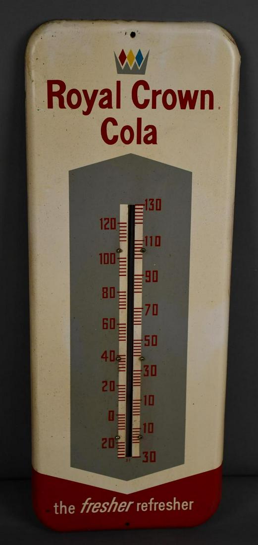 Royal Crown Cola Metal Thermometer: rated 8, 25.5"x10", metal thermometer white is a little yellowed, tube is good.