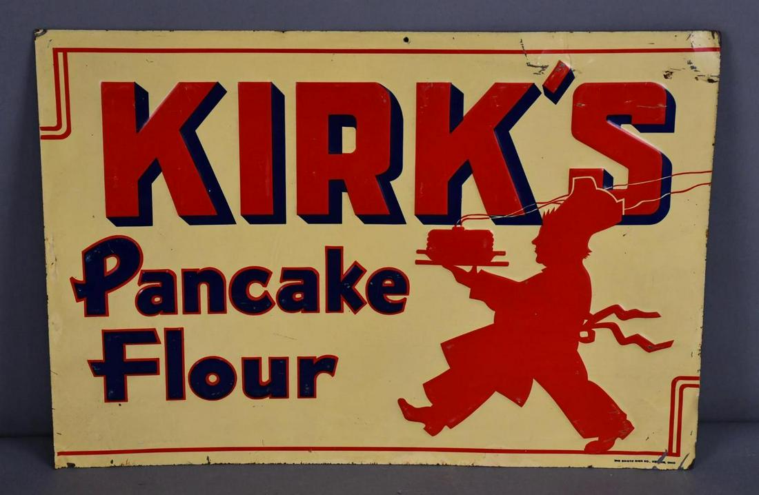 Kirk's Pancake Flour w/Image Metal Sign: rated7.75, 14"x20", SST embossed sign has good color and shine, has wear and fine scratches, marked Scioto
