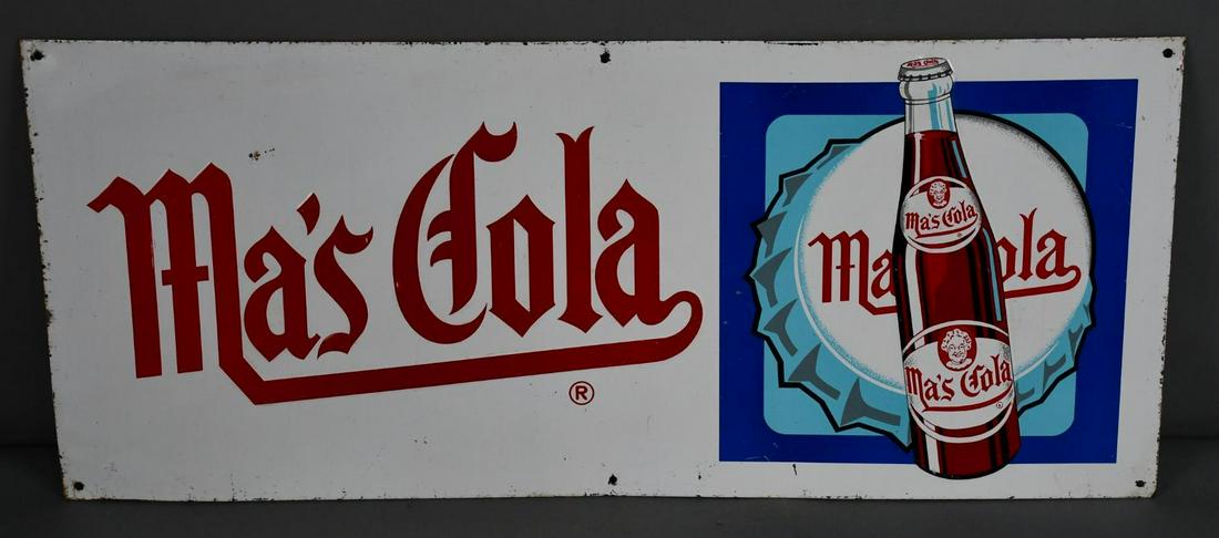 Ma's Cola w/Bottle & Cap Logo Metal Sign: rated 8, 12"x28", SST sign has good color and gloss, has light wear and a few fine scratches