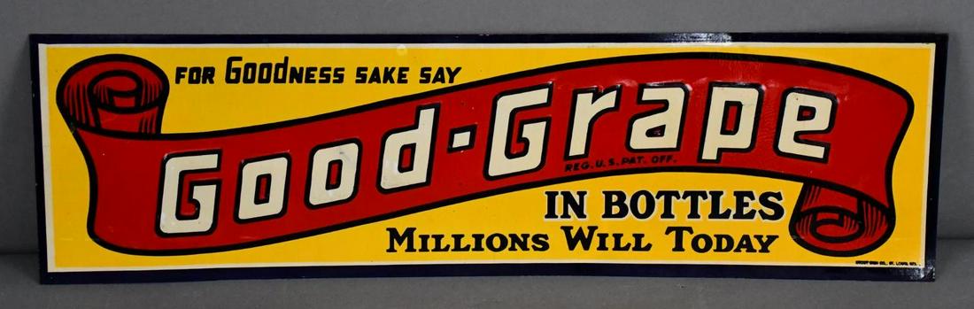 Good-Grape in Bottles Metal Sign: rated 8.75, 5.5"x19.5", SSP tacker sign has good color and shine, has light paper marks, light wear, marked Stout