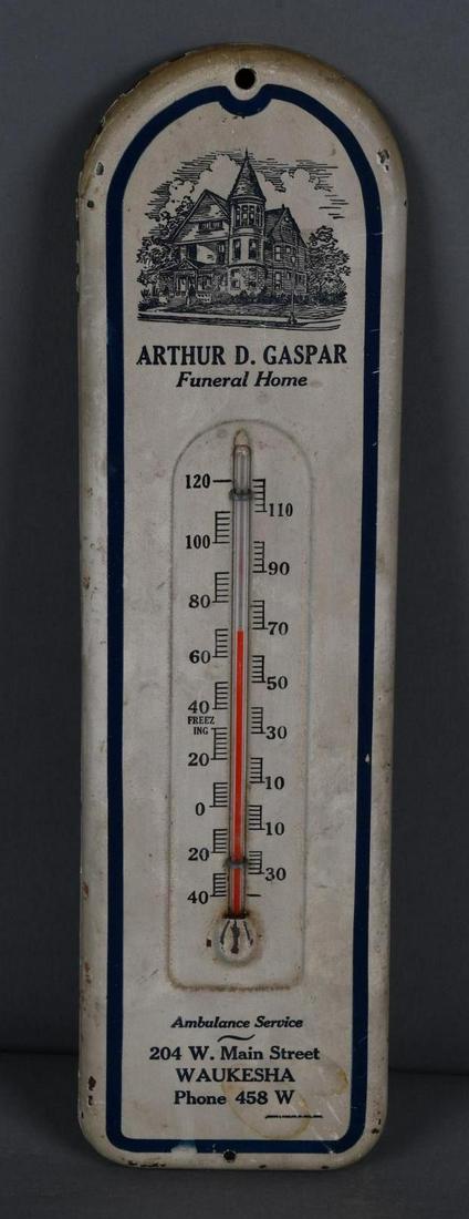 Arthur Gaspar Funeral Home Metal Thermometer: rated 8, 15.5"x4.5", metal thermometer has soiling, tube is good