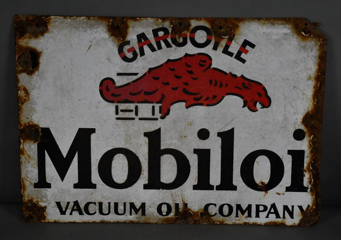 Mobiloil w/Gargoyle Vacuum Oil Company Porcelain Sign: rated 5, 15.5"x22", DSP sign has heavy damage and wear, was probably a flange sign.