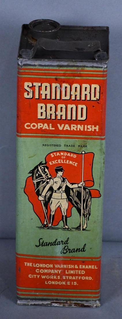 Standard Brand Copal Varnish Metal Can: rated 7.5, one Imperial gallon tall square metal can, has good color, has soiling, is empty
