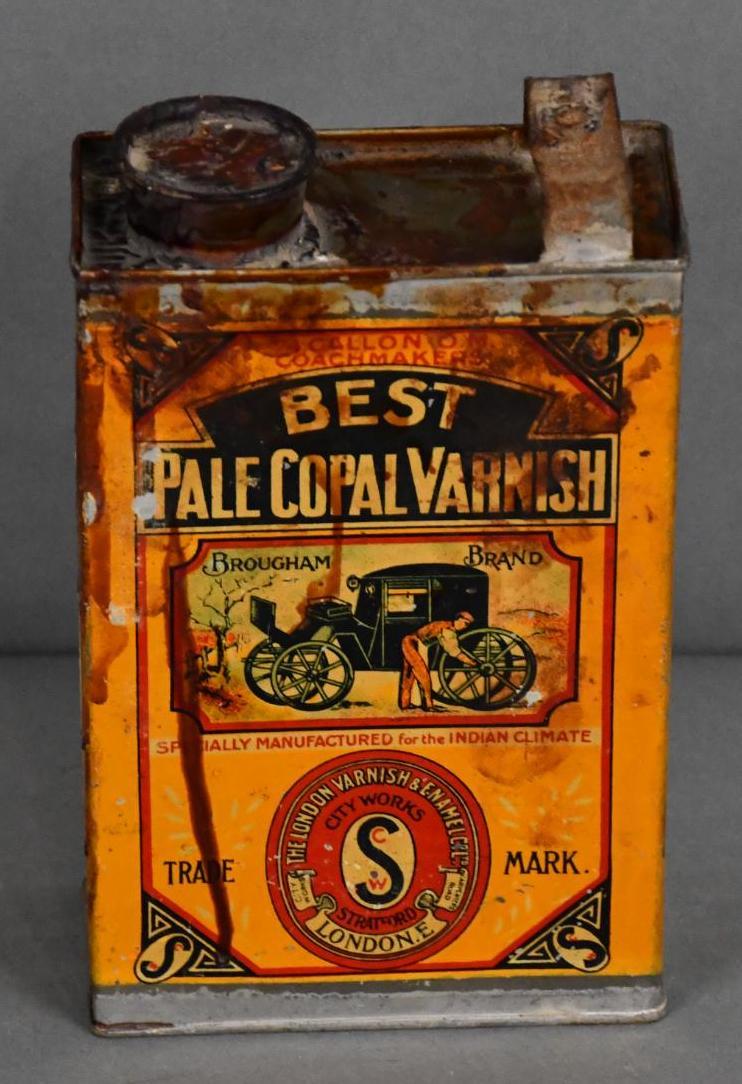 Best Pale Copal Varnish w/Early Coach & Factor Scene Metal Can: rated 6.75, one Imperial quart flat metal can, has good color has staining.